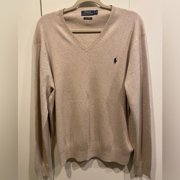 Polo by Ralph Lauren Mens Tan V-Neck Logo Sweater Timeless Knit Size Large - Picture 1 of 4